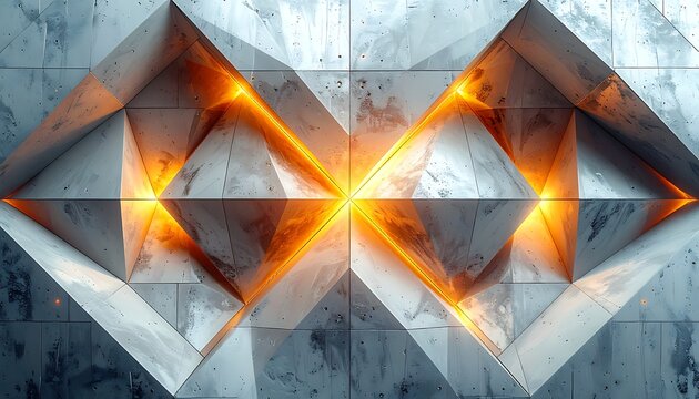 A geometric pattern with orange glowing triangles on a gray background
