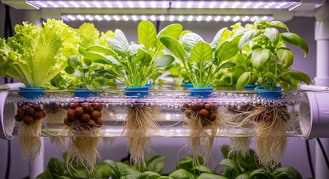 Hydroponic garden growing fresh leafy greens under led lights