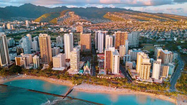 Golden hour light on Waikiki beach hotels, Hawaii. Elevated view of beachfront resort row bathed, sandy shore, turquoise water and palm lined boulevard, mountain range behind.