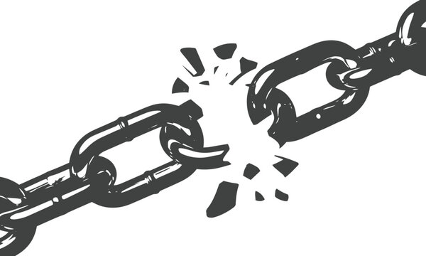 Heavy broken steel chain link shattering apart with flying pieces representing escape and liberation vector illustration background