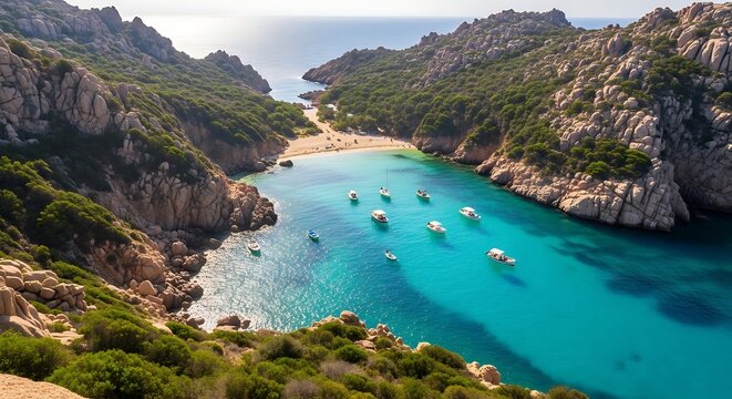 Idyllic turquoise bay with sandy beach and boats nestled between rocky green hills