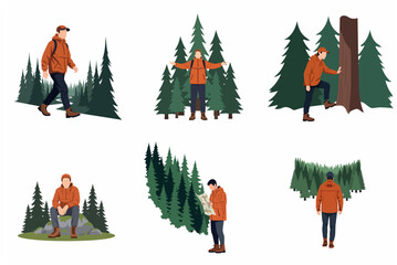 Fototapeta premium Man Hiking and Exploring the Pine Forest Nature Flat Vector Illustration Set
