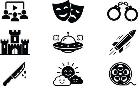 Set of miscellaneous black silhouette icons featuring various entertainment, fantasy, and mystery themes for graphic design projects.