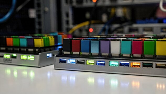 Data cloning in progress on multiport USB duplication trays spotlight on flashing lights and colorful drives while surrounding environment remains out of focus.