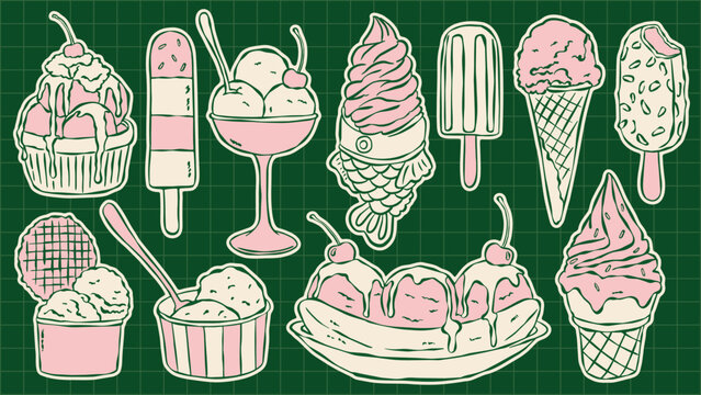 Hand drawn ice cream dessert collection featuring sundae, popsicles, soft serve, banana split, waffle cone, gelato cup, and fish-shaped ice cream in vintage line art style