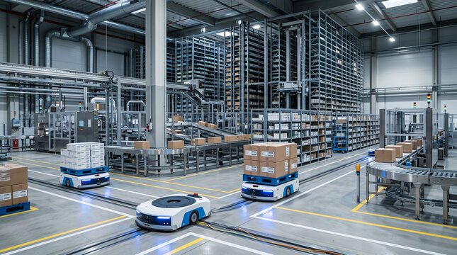 Robots moving boxes in a modern warehouse. High-tech automation is evident in the busy logistics environment