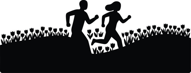 Fototapeta premium Couple running through spring tulip field outdoor fitness activity illustration