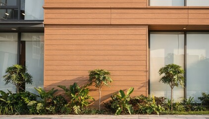 Fototapeta premium Medium shot of ecofriendly wood composite siding panels on a modern building exterior highlighting the textured surface and green sustainable construction benefits.