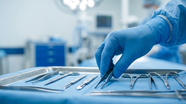 Close-up of a surgeon's gloved hand selecting surgical instruments from a sterile tray in an operating room, highlighting the meticulous preparation for a critical medical procedure