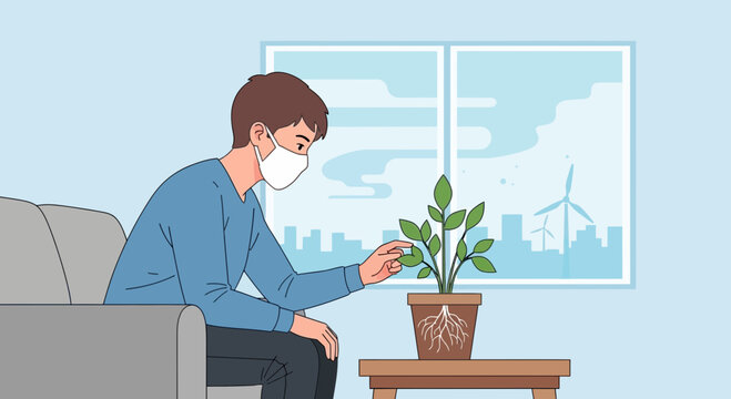 Man in mask cares for plant, sees windmills and city through window