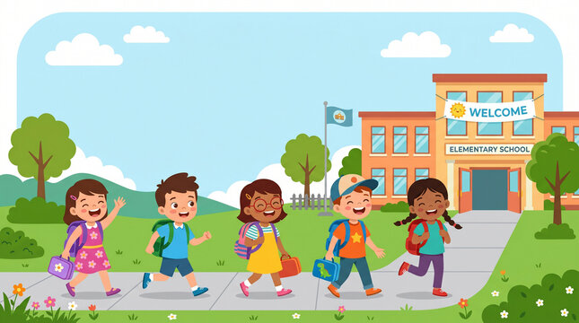 Happy Children Going to School on the First Day of Class