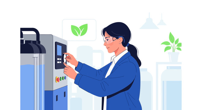 Scientist operating control panel in laboratory with green technology concept