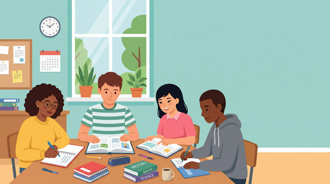 Students Studying Together with Notebooks and Textbooks in Classroom