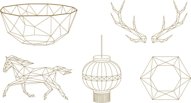 Geometric wireframe art composition with abstract shapes and cultural objects in gold lines