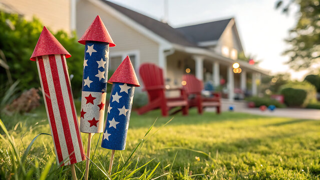 Patriotic red, white, and blue firework rockets on a green lawn with a suburban house in the background