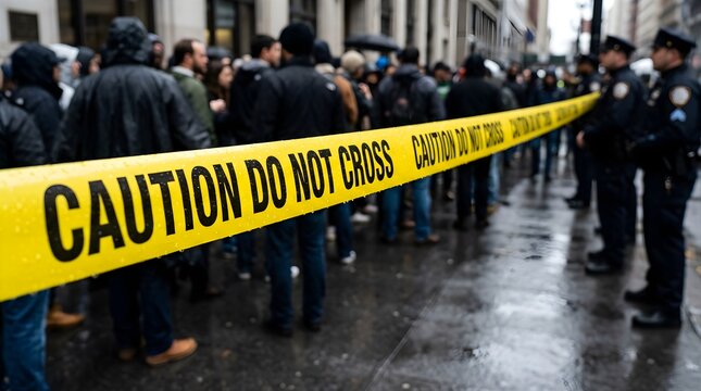 Caution Do Not Cross Police Tape with Crowd and Officers in Rain