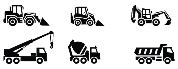 construction machinery icon collection, excavator crane cement mixer dump truck and bulldozer symbols, heavy equipment transport and building industry concept, simple black silhouette vector set. © Rakib