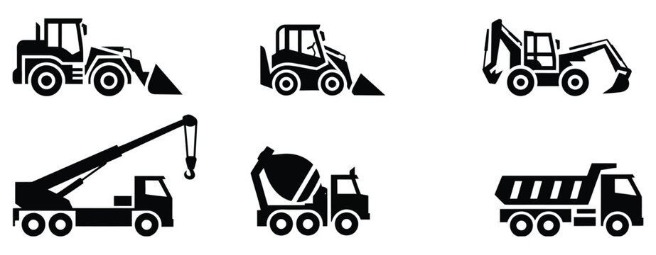 construction machinery icon collection, excavator crane cement mixer dump truck and bulldozer symbols, heavy equipment transport and building industry concept, simple black silhouette vector set.