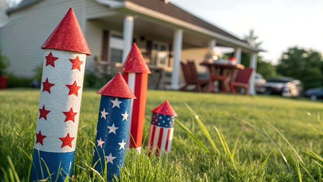 Patriotic red, white, and blue firework rockets on a green lawn with a suburban house in the background