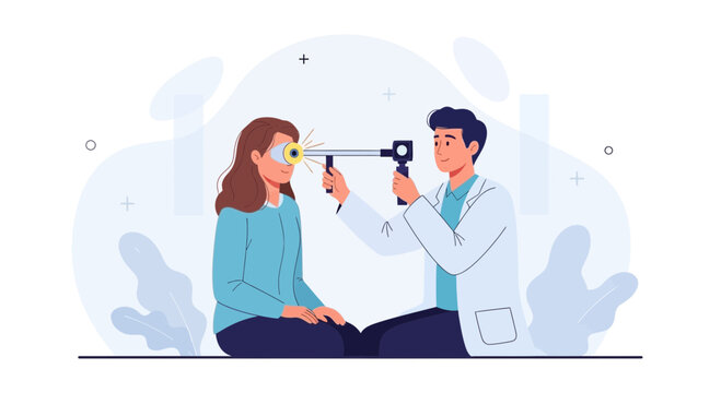 Ophthalmologist examining patient's eye with ophthalmoscope in modern flat illustration style