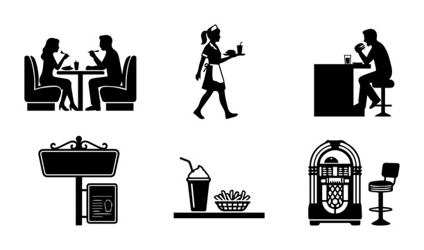 Retro Diner Icons: Waitress, Couple Dining, Jukebox, Sign, Food & Drink Set