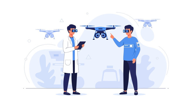 Scientists using VR to control drones in futuristic lab setting, exploring advanced technology and innovation