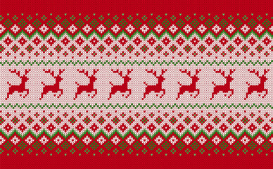 Fototapeta premium Knitted red seamless texture with deers. Christmas pattern. Xmas knit sweater background. Holiday fair traditional ornament. Festive winter print. Wool pullover vector illustration.