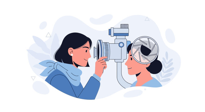 Vector illustration of two women, one looking through a camera lens, symbolizing observation, focus, and creativity