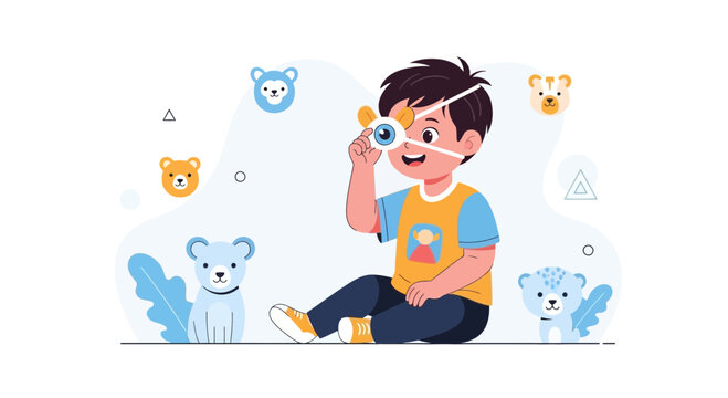 Boy with Eye Patch Playing with Teddy Bears, Illustrating Vision Therapy and Childhood