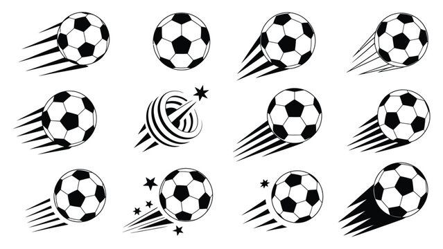 Dynamic soccer ball icons with motion trails and cosmic theme in black and white