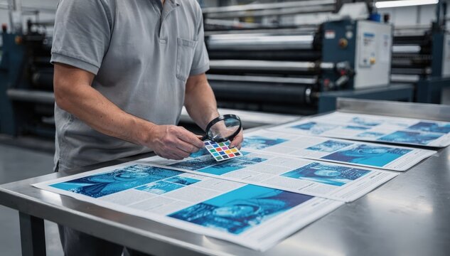 Medium shot of specialist adjusting cyan ink density on newspaper test sheets with vibrant blue tones sharply in focus background printing presses softly blurred.