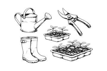 Simple hand drawn gardening tools sketch icon set, engraved garden equipment, illustration of watering can, secateurs, rain boots, plant tray with sprouts clip art. © Leg_IO