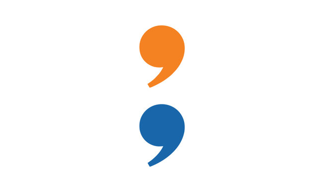 Two quotation marks, one orange and one blue, stacked vertically against a white background.