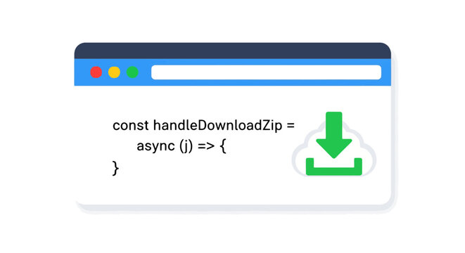 A browser window displays JavaScript code for handling a zip file download, with a cloud download icon.