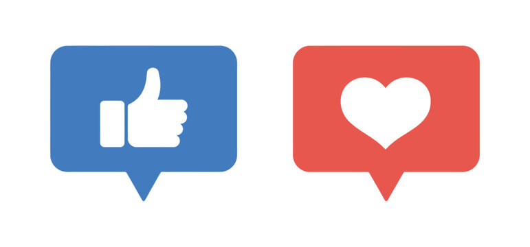 social media reaction icon collection with like and love buttons, thumbs up and heart inside chat bubbles, feedback and engagement UI concept, simple flat vector design set.