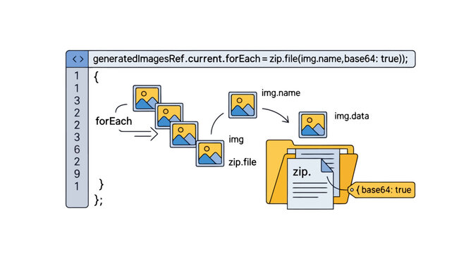 Visual explanation of a JavaScript forEach loop zipping image files with their names and base64 data.