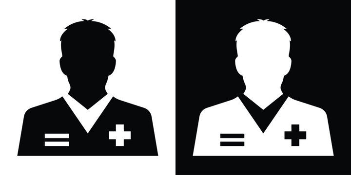 Male clinician solid vector icon. Flat avatar profile of a hospital doctor or nurse practitioner wearing a cross emblem shirt.