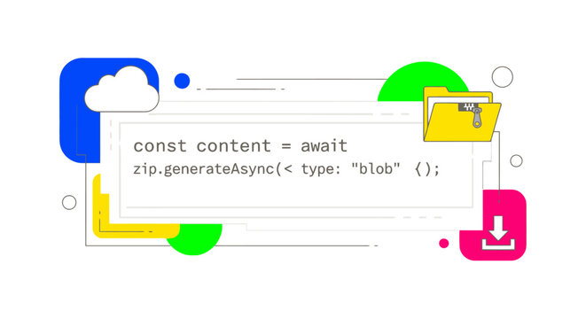 Illustration of a code snippet for asynchronous zip generation with cloud, folder, and download icons, representing data processing and storage.