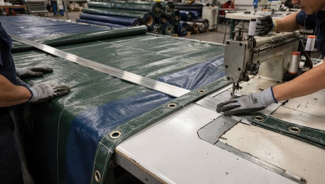 Heavyduty tarpaulin being precisely cut and hemmed to create durable weatherproof truck covers enhancing protection against harsh outdoor elements.