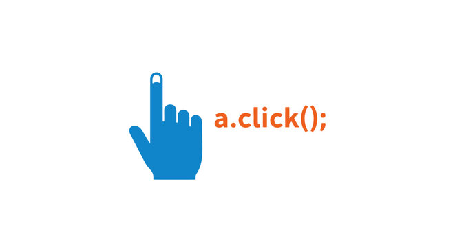 Illustrative image showing a blue hand cursor pointing towards 'a.click();' code, symbolizing programmatic interaction and event triggering in web development.