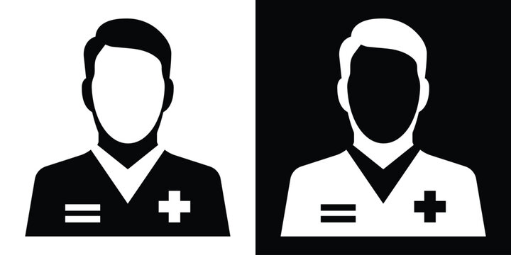 Male clinician solid vector icon. Flat avatar profile of a hospital doctor or nurse practitioner wearing a cross emblem shirt.