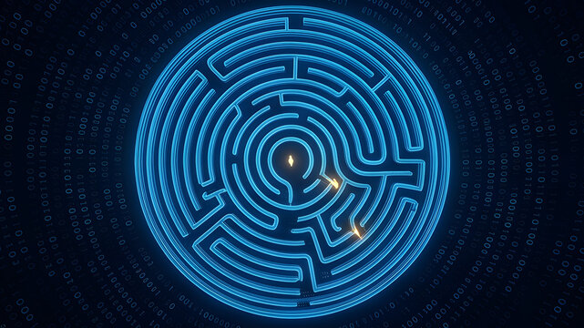 Top-down view of a glowing blue circular tech maze surrounded by binary code, digital security and puzzle concept.
