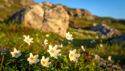 Obraz premium Delicate White Wildflowers Blooming in Rocky Mountain Meadow at Golden Hour