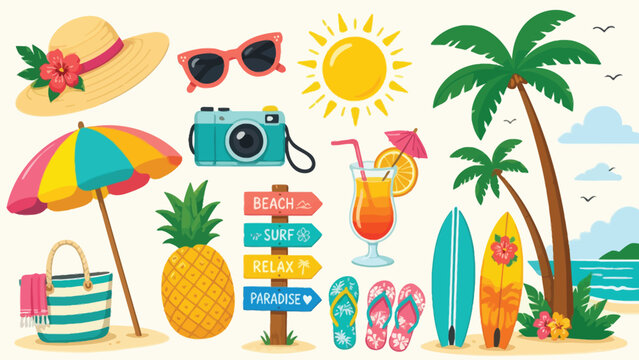 Vibrant summer beach vacation scene with palm trees colorful umbrellas pineapple sunglasses camera tropical drinks flip flops