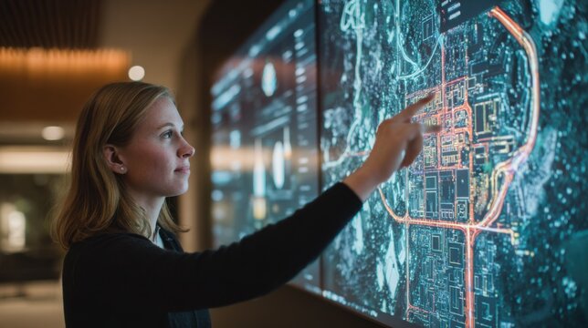 Planner adjusting interactive planning screens showing complex campus layouts and infrastructure data with ambient room lighting and wall projections softly out of focus.
