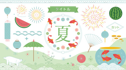 Fototapeta premium Japanese summer themed illustration set with fireworks, goldfish, and seasonal motifs design