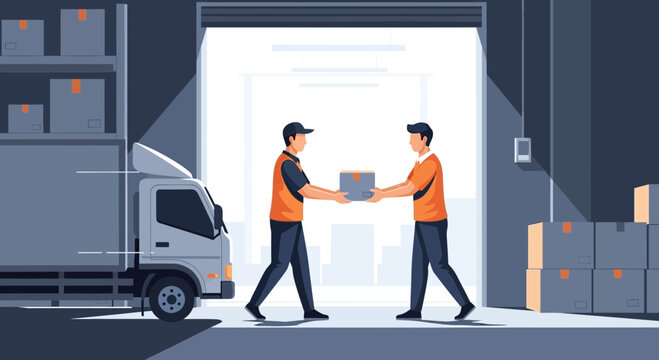 Delivery service: courier hands package to recipient at warehouse loading dock