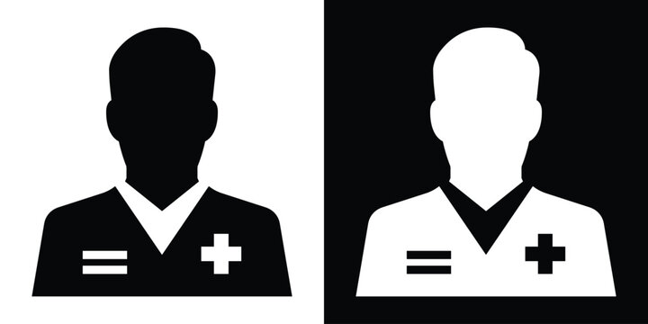 Male clinician solid vector icon. Flat avatar profile of a hospital doctor or nurse practitioner wearing a cross emblem shirt.