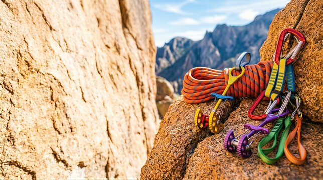Rock climbing gear resting on a cliff edge. Carabiner, rope and camming device for canyon ascent. Mountaineering equipment for extreme outdoor adventure and mountain sport activity.