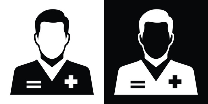 Male clinician solid vector icon. Flat avatar profile of a hospital doctor or nurse practitioner wearing a cross emblem shirt.